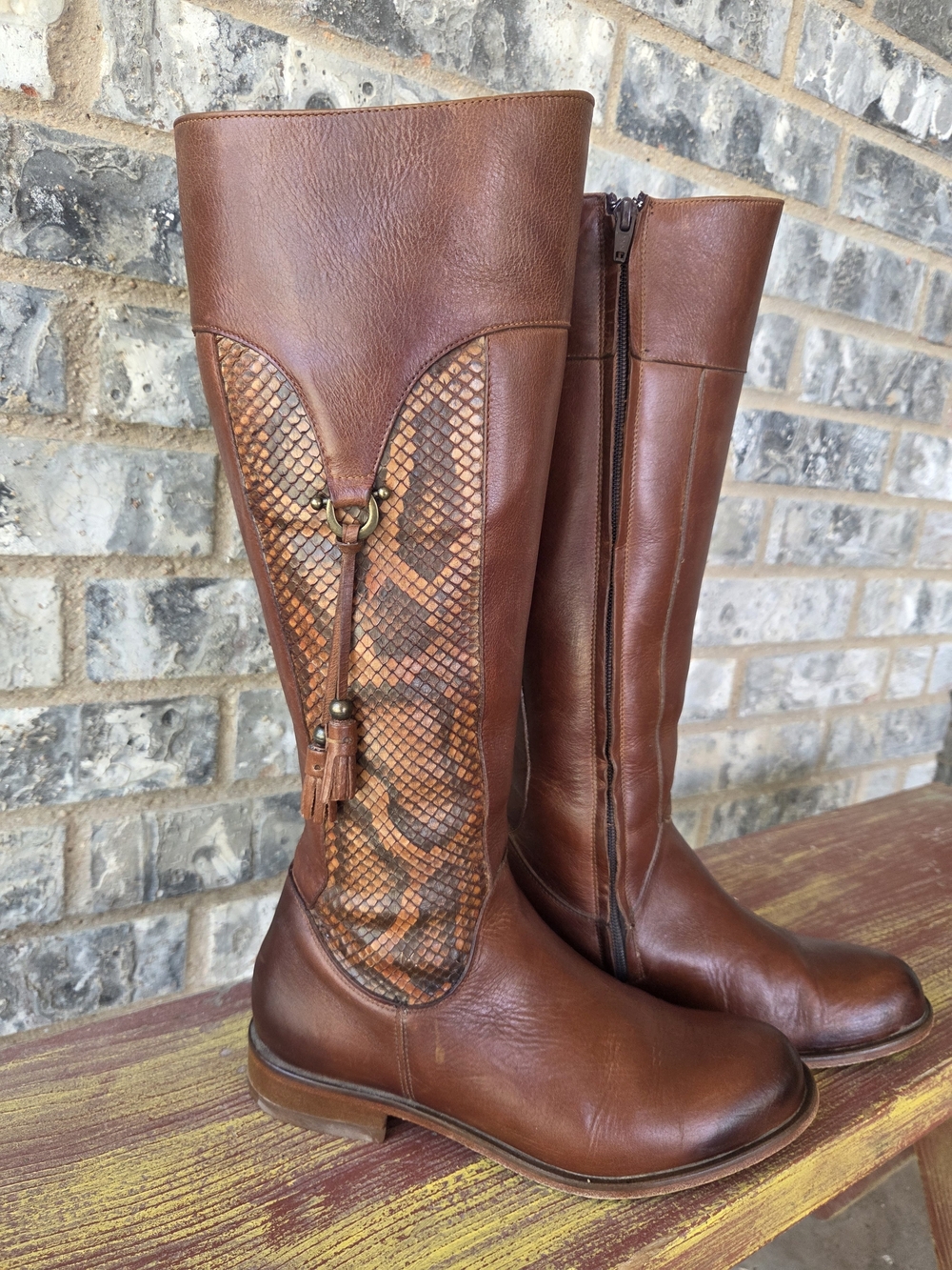 Corral Boots Tall Brown Leather Knee-High Riding Boots with Snakeskin Panel